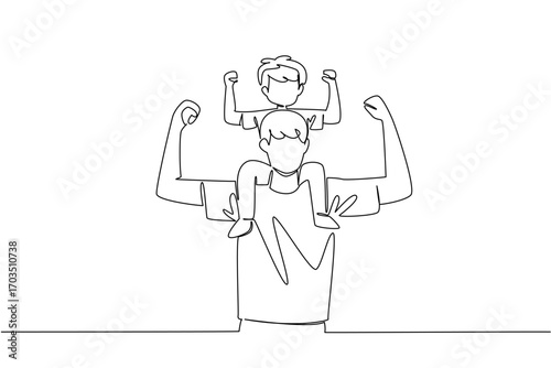 Single one line drawing a father carries his son on shoulders and poses like a bodybuilder. Working together to maintain health. International Day of Boys. Continuous line design graphic illustration