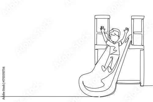 Single continuous line drawing boy playing on the slide while raising both hands. The right way to keep children away from gadgets. Play. International Day of Boys. One line design vector illustration