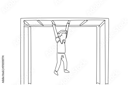 Single one line drawing boy playing hanging body on amusement ride. Play while training dexterity. Practice. Strengthen hands. International Day of Boys. Continuous line design graphic illustration