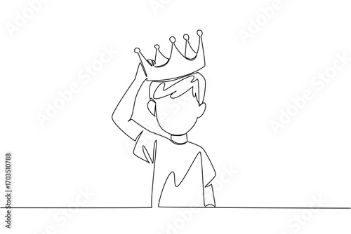 Single one line drawing a boy is putting a crown on his head. Confirmation of the successor to success. The prestigious throne. International Day of Boys. Continuous line design graphic illustration