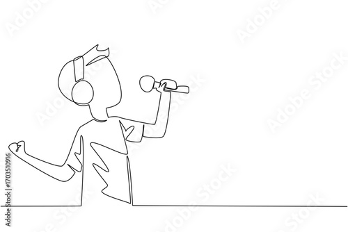 Single one line drawing a boy wearing headphones and posing singing and holding a mic. Memorize songs by listening and singing. International Day of Boys. Continuous line design graphic illustration