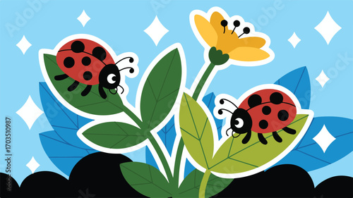 Two Ladybugs on Leaves with a Yellow Flower and Sparkles ladybird insect