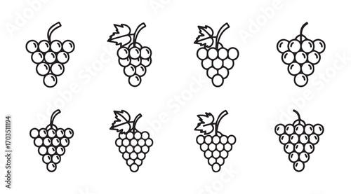 Collection of eight stylized grape bunch icons in a simple line art silhouette