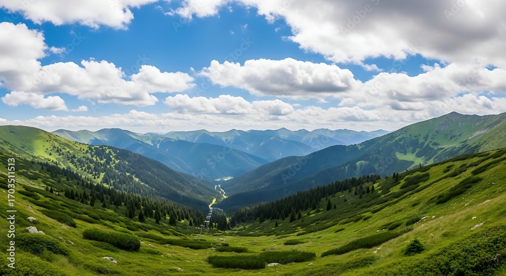Obraz premium Lush Green Valley in the Carpathian Mountains under a Blue Sky.