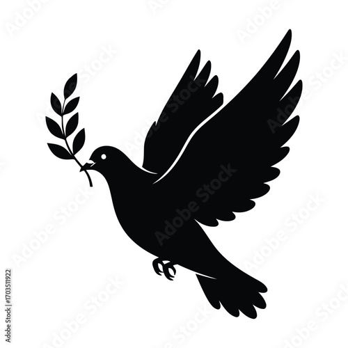 Black silhouette of a dove flying with a laurel branch in its beak bird