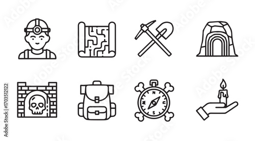 Adventure and exploration icons featuring a miner map pickaxe cave and backpack silhouette