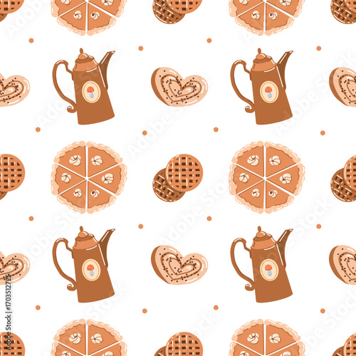 Vector seamless pattern of pumpkin pie for Thanksgiving with waffles, retro teapot and pastries. Autumn pattern. Fall baking. Background for wallpaper, packaging, wrapping paper. Vector illustration