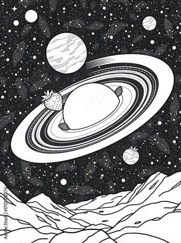 Minimilist a planet with rings and strawberries floating in space above a mountainous landscape in black and white vector