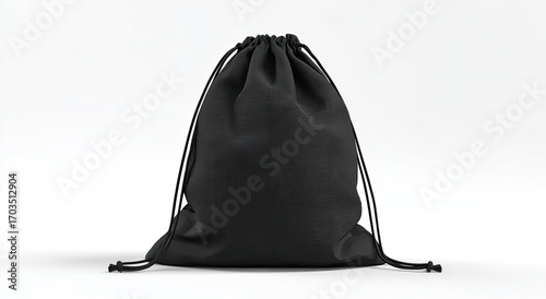 A simple, black drawstring bag, seemingly made of a soft, matte fabric, sits on a white background; its cords are neatly gathered at the top
