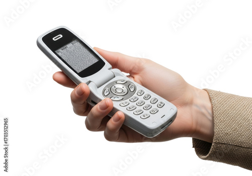 Wallpaper Mural Pale, slender hand with unpolished nails and rustic linen sleeve cradling a retro flip phone displaying static on a transparent studio background, digital minimalism concept Torontodigital.ca