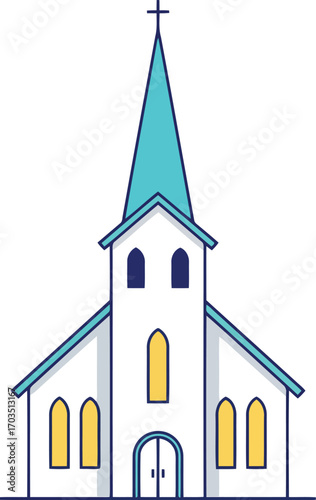 Charming country church steeple blue roof architectural illustration vector