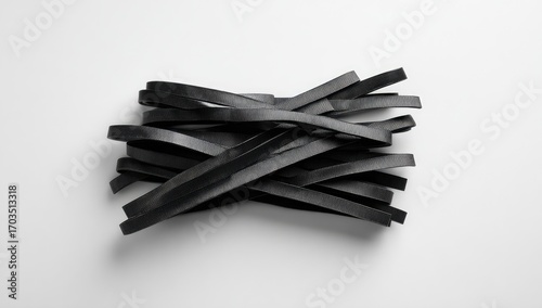 A haphazard pile of long, thin, black, flat strips on a white background.  They appear to be made of a pliable material