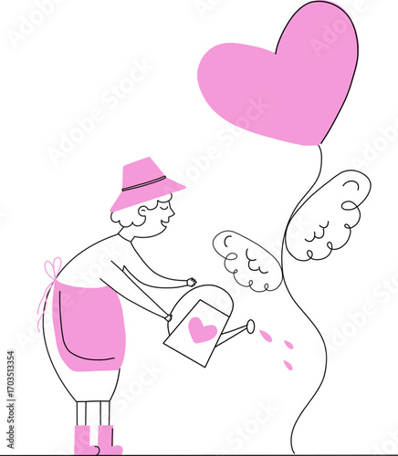 Granny gardener waters heart plant