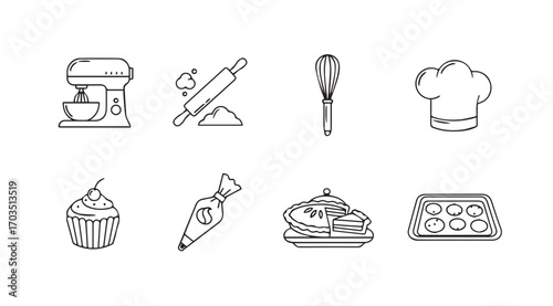 Collection of baking and cooking utensils and food items silhouette