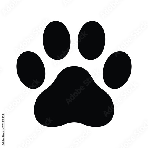 Black silhouette of a paw print with four toes and a pad on white background Keywords: paw print
