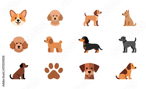 A charming set of dog icons, showcasing different breeds and poses including a paw print, in a cute, flat style.