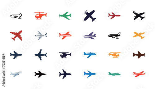 A large collection of various airplane and helicopter icons in different colors and designs, for aviation and transport.