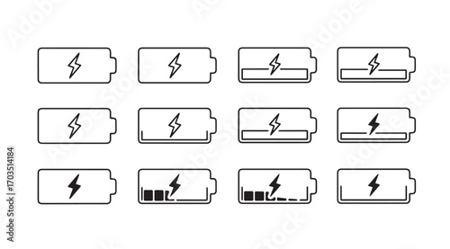 Collection of battery charge level indicators in a simple silhouette style