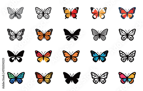 A variety of butterfly icons in different styles, colors, and patterns, from realistic to minimalist outlines and silhouettes.