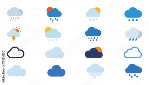 A collection of weather icons, illustrating different conditions like rain, sun, clouds, and storms in a flat vector style.