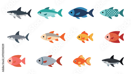 A collection of various fish icons, including a shark and colorful tropical fish, in a flat vector design for marine life themes.