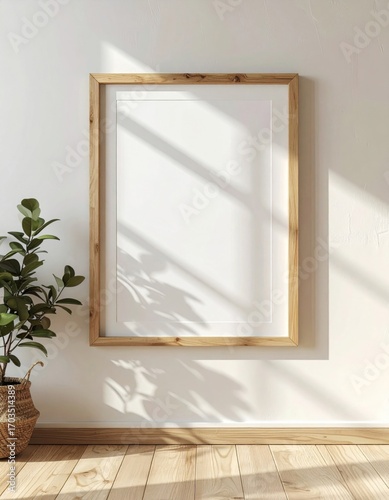 Wooden Frame Mockup with a Green Plant Against a Textured White Wall on a Wooden Floor
