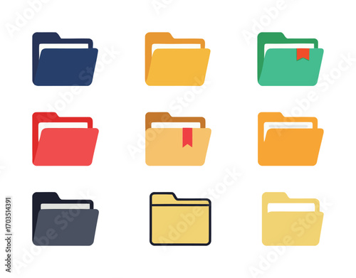 A collection of file folder icons in different colors and styles, symbolizing data storage and organization.