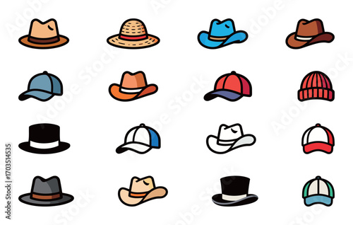 A collection of various hat icons, showcasing different styles like fedora, baseball cap, and cowboy hat, in a cute flat style.