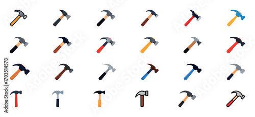 A diverse collection of hammer icons, including various types like claw hammers and mallets, in different colors and designs.