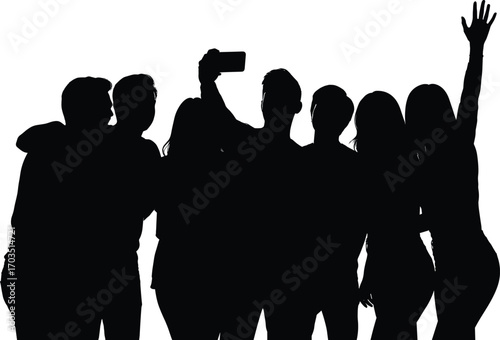 Group of friends taking selfie photo, happy people posing together, celebration moment, friendship, social media, casual gathering, smiling, silhouette vector illustration.