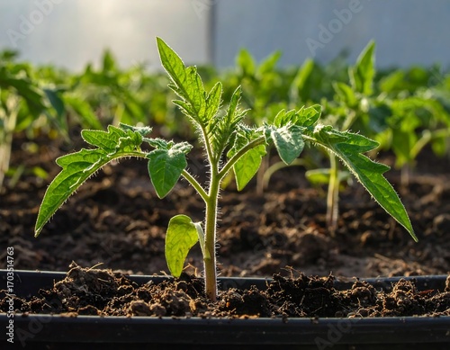 Vibrant tomato seedling in a greenhouse, promising growth and future harvests