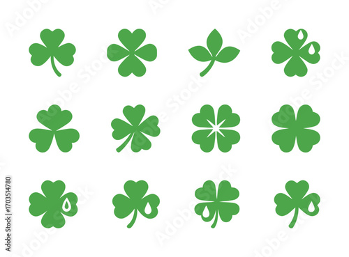 A collection of various clover icons, including three-leaf and four-leaf clovers, with different flat designs.