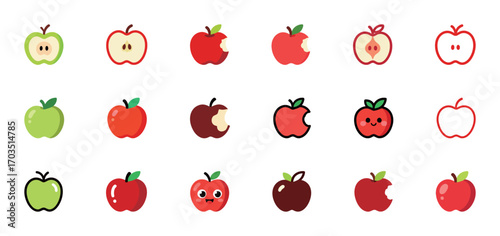 A set of apple icons in different styles and colors, some with bites or cute faces, in a flat vector design.