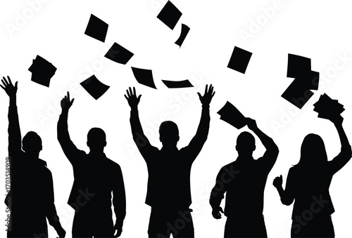 Group of Five Business People Throwing Papers in Air Celebrating Success Joy Teamwork Achievement Excitement Happiness Victory Silhouettes