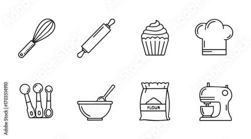 Collection of baking utensils and ingredients in a simple silhouette style