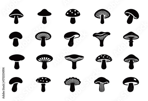 A variety of mushroom icons in a black and white silhouette style, for nature, fungi, and forest themes.