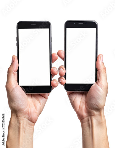Two hands holding smartphones, both with blank screens