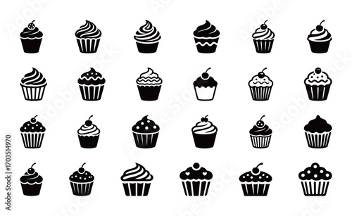 A collection of cupcake icons in black and white silhouette styles, with different toppings and designs.