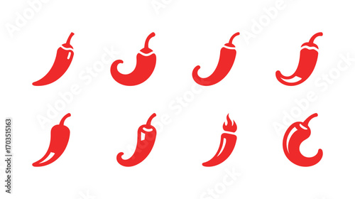 A collection of chili pepper icons in a simple red silhouette style, with different shapes and designs.