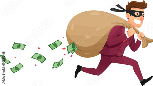 Thief running with stolen money bag escaping with cash illustration vector