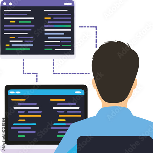 Person with dark hair views code on two screens from behind