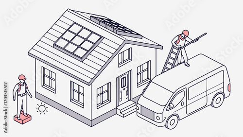 Isometric illustration showing solar panel installers servicing residential and commercial roofs, emphasizing ecological energy solutions and eco-business support.