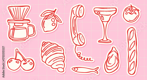 Cute red line sticker set with coffee, croissant, cocktail, cherries, lemon, tomato, baguette, oyster, sardine, retro phone. European bistro aesthetic. Hand drawn doodle for cafe and lifestyle design.