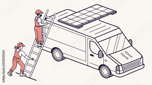 Isometric isolated vector of solar panel installers working on a residential roof, promoting eco-friendly energy solutions for home and business customers.