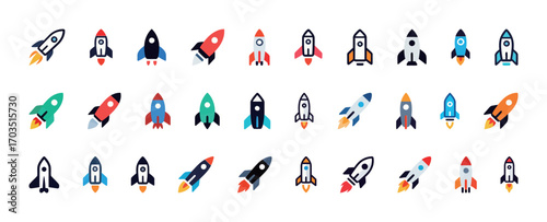 A set of rocket ship icons in various styles and colors. Simple vector illustrations for space, launch, and technology concepts. Flat style for web, apps, and presentations on a white background.