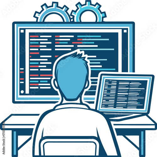 Person sits at desk with computer monitor and laptop showing coding lines