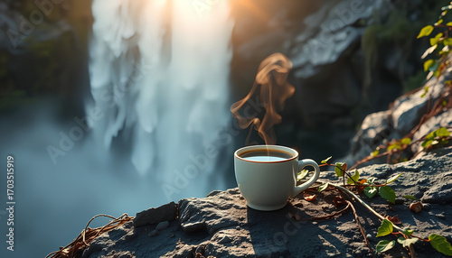 Cup of hot coffee with its steam rising from it sits on the rocky cliff of a large waterfall, surrounded by wild vines 2