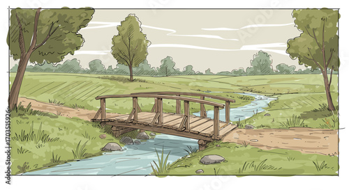 Serene illustration of a wooden bridge spanning a gentle stream amidst verdant fields and trees