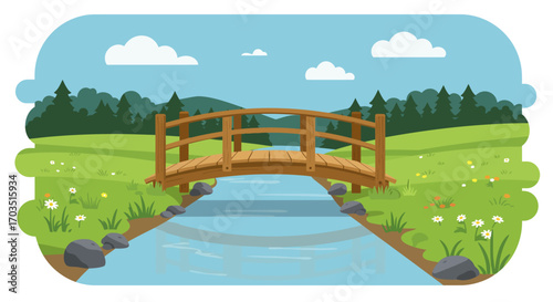 Wooden bridge crossing a serene stream in a lush green landscape