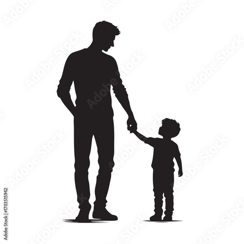 Silhouette of father and son holding hands, family love and relationship vector illustration